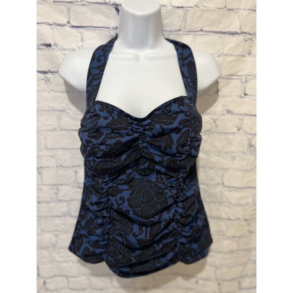 Land's End Women Swimwear Blue Floral Halter Tankini Top Size 12 - Picture 1 of 4